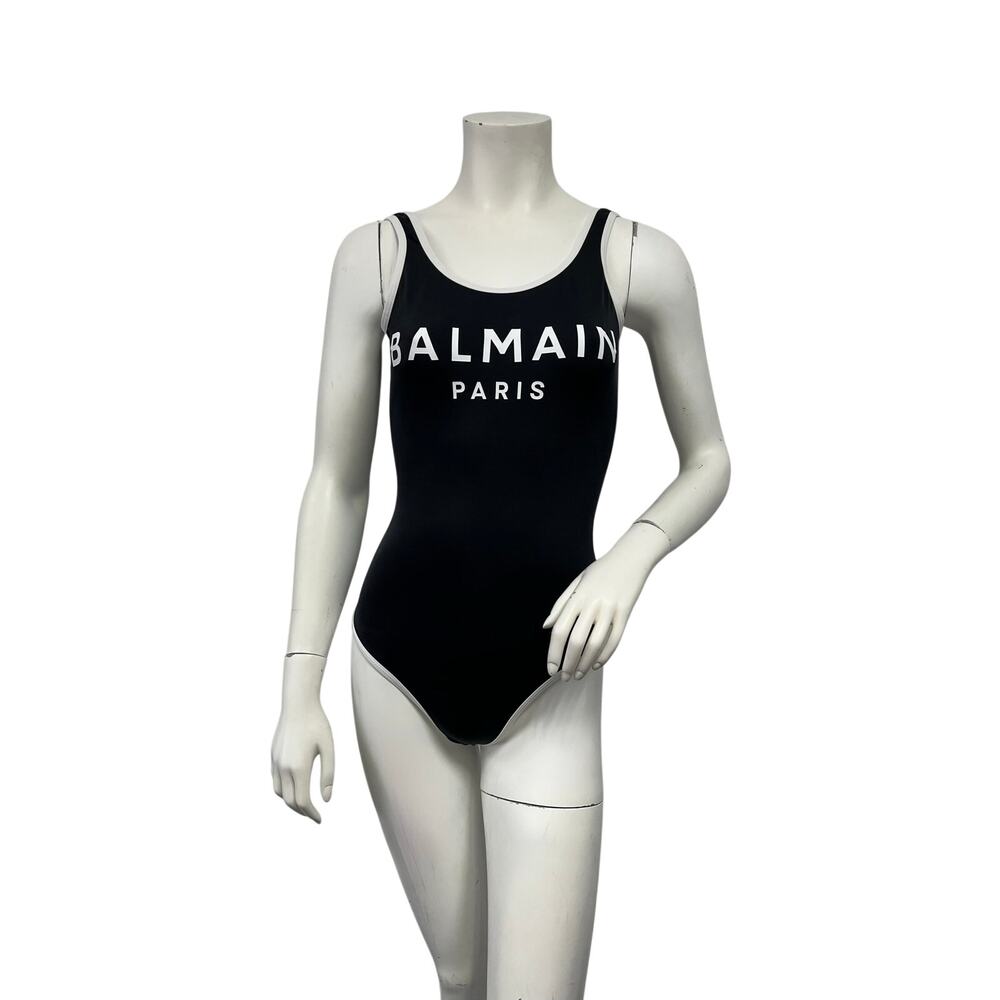 Balmain Paris Black Logo One Piece Swimsuit White Trim Sz 38